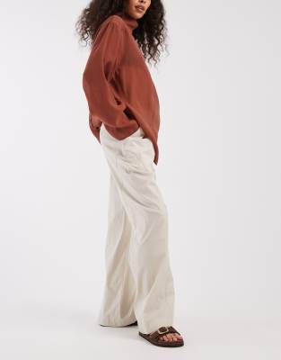 Threadbare Poplin Pull On Pants With Panel Detail In Neutral