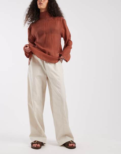 Threadbare poplin pull on trouser with panel detail in stone - view 1
