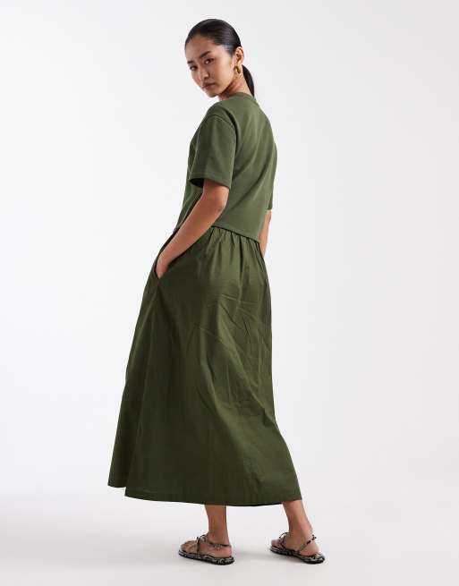 Threadbare poplin short sleeve midi dress in khaki, 3 of 4