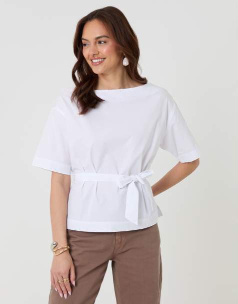 Threadbare Poplin slash neck tie belt top in white