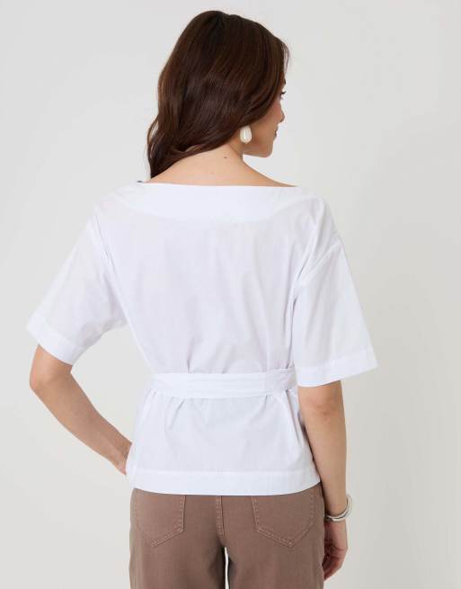 Threadbare Poplin slash neck tie belt top in white, 2 of 4
