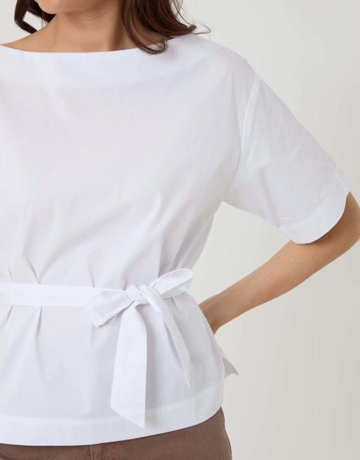 Threadbare Poplin slash neck tie belt top in white, 3 of 4