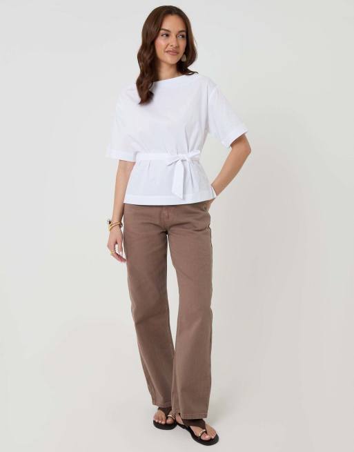 Threadbare Poplin slash neck tie belt top in white, 4 of 4