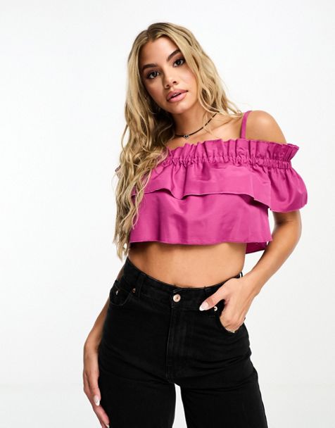 Native Youth palm tree shirred embroidered cami top in pink