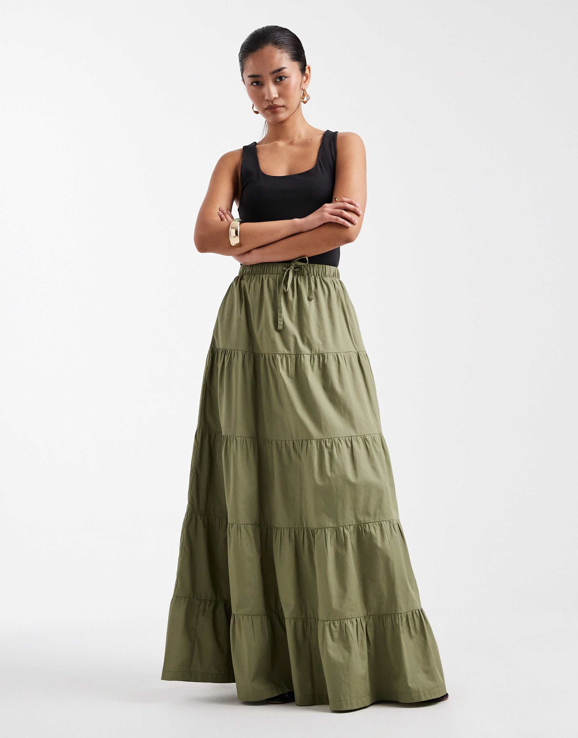 threadbare poplin tiered maxi skirt in olive green