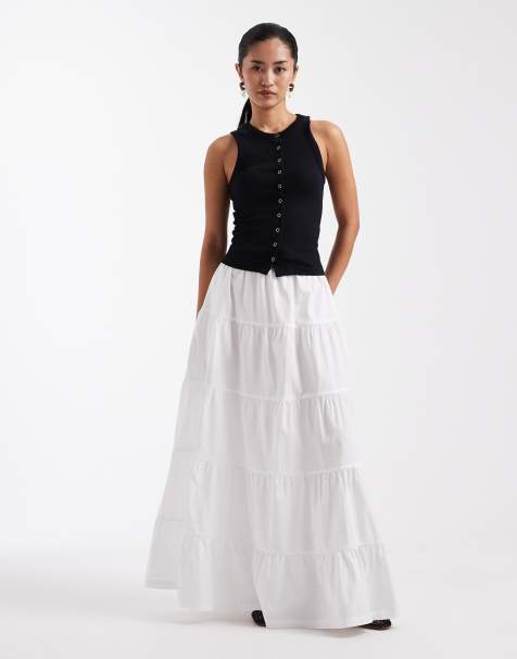 Threadbare poplin tiered maxi skirt in white