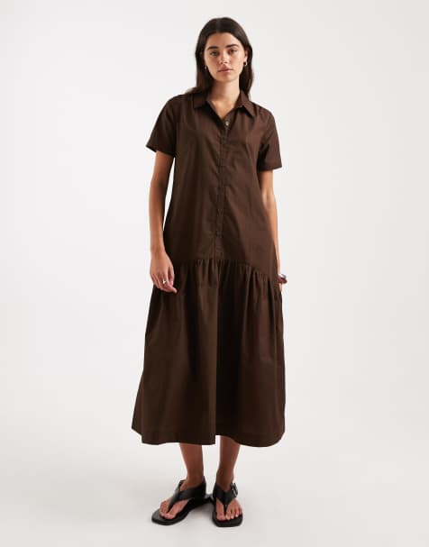 Threadbare poplin tiered midi shirt dress in chocolate brown