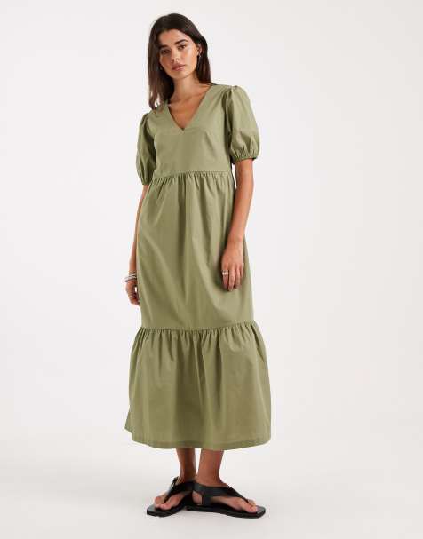 Threadbare poplin v neck puff sleeve midi dress in olive green - view 1