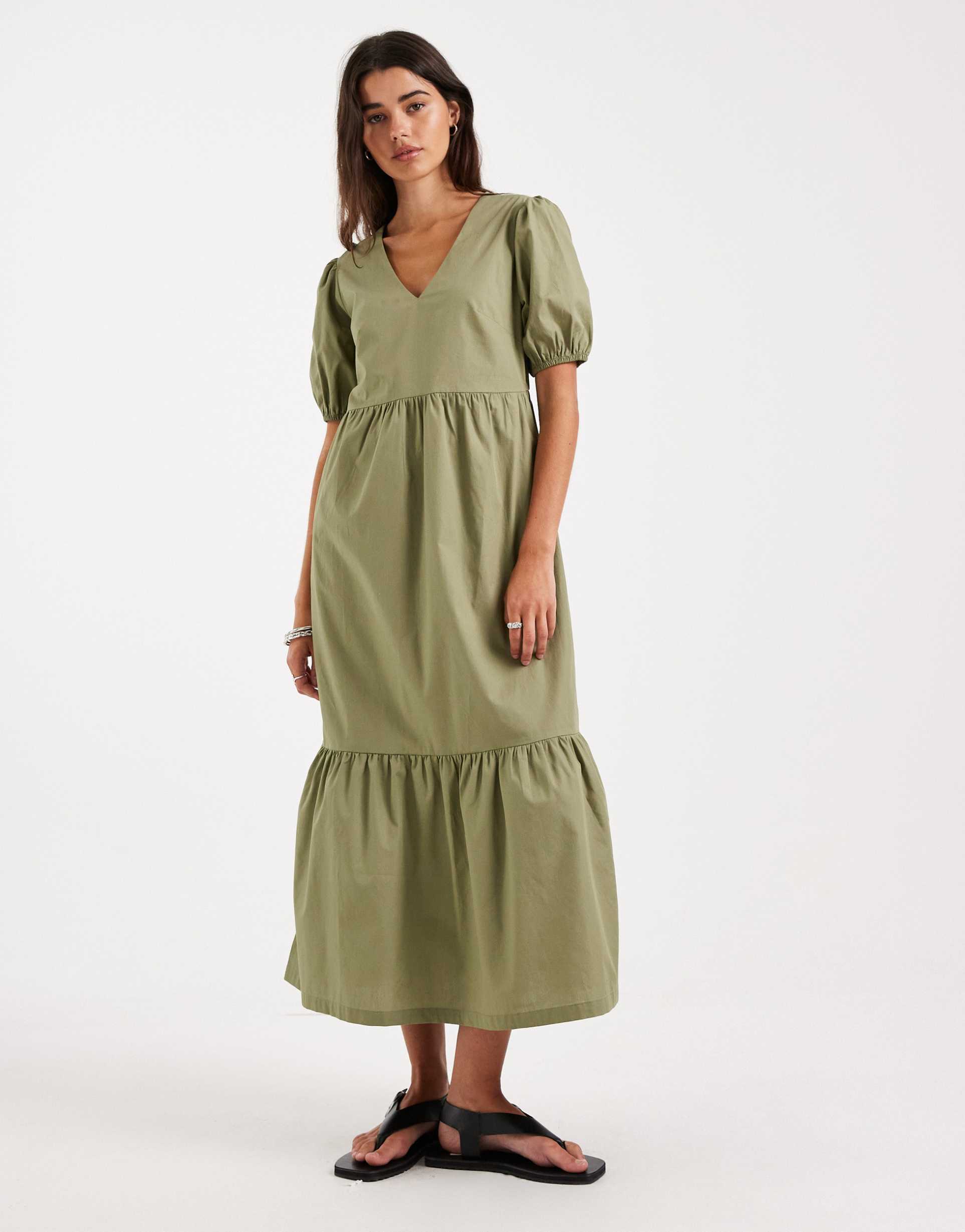 threadbare poplin v-neck puff sleeve midi dress in olive green
