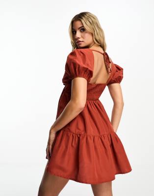 Threadbare poplin v neck skater dress in rust Red