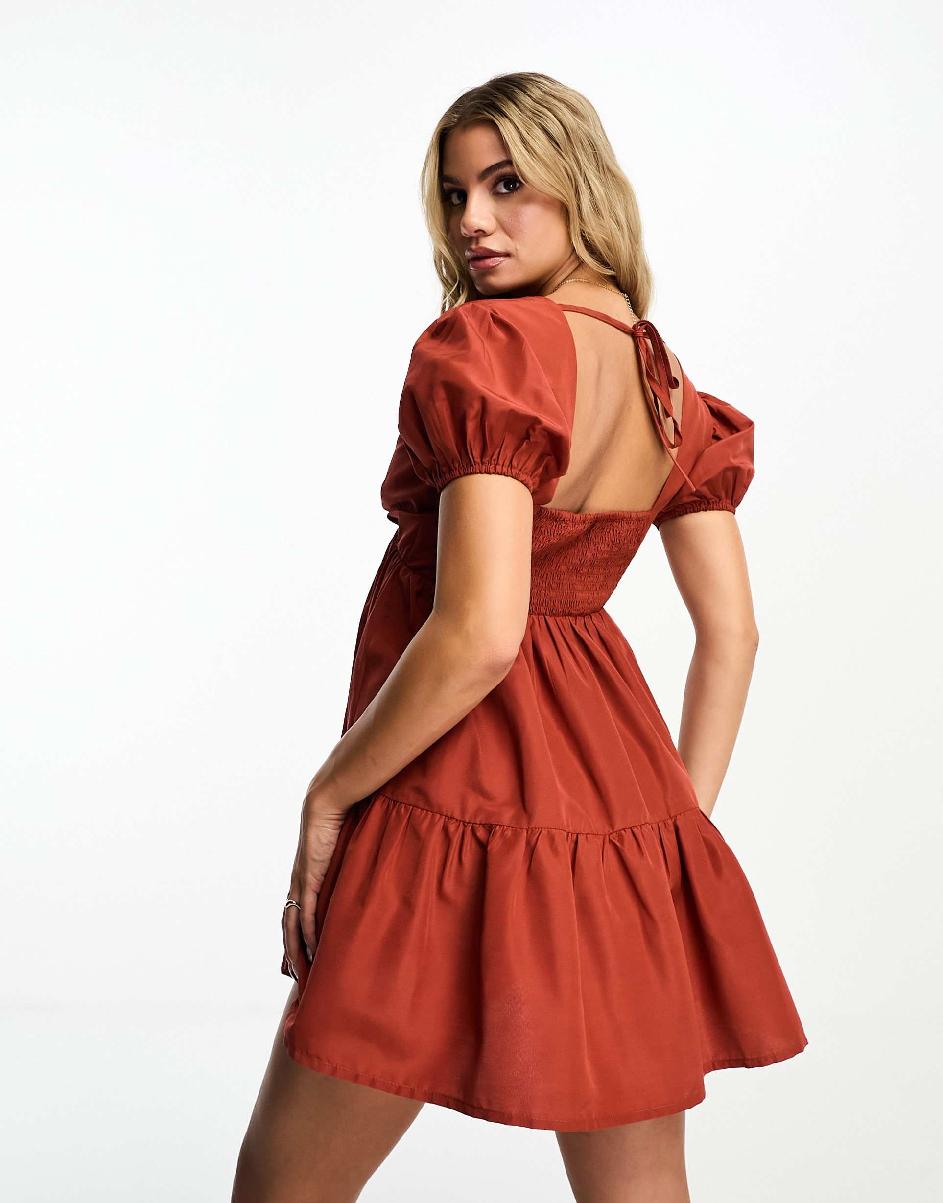 threadbare poplin v-neck skater dress in rust