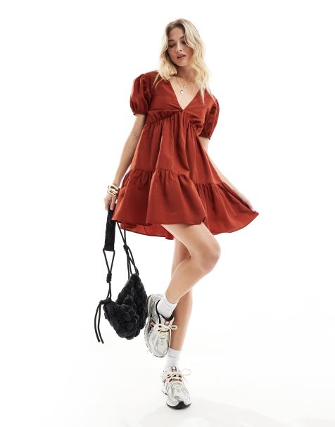 Threadbare poplin v neck skater dress in rust - view 1