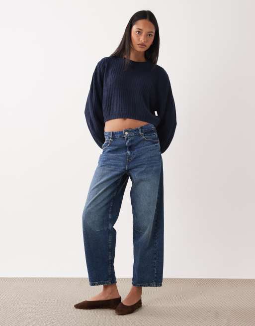 Threadbare – Prążkowany granatowy sweter z okrągłym dekoltem o krótkim fasonie, 3 z 4
