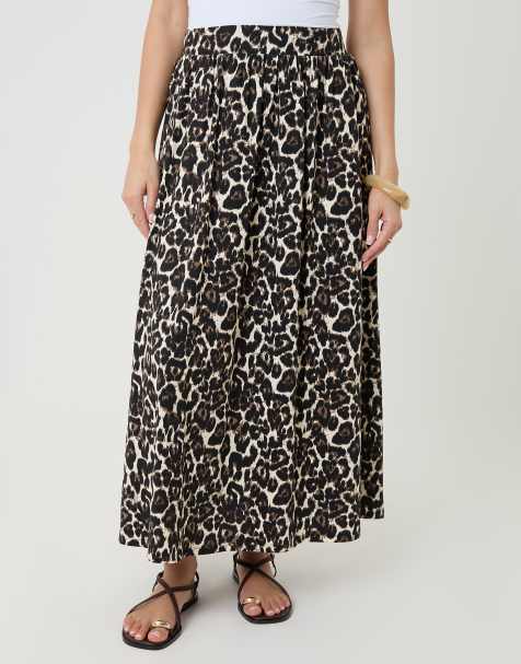 Threadbare Print jersey a-line maxi skirt in tan
