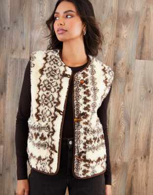 Threadbare Printed Fleece Borg Gilet In White