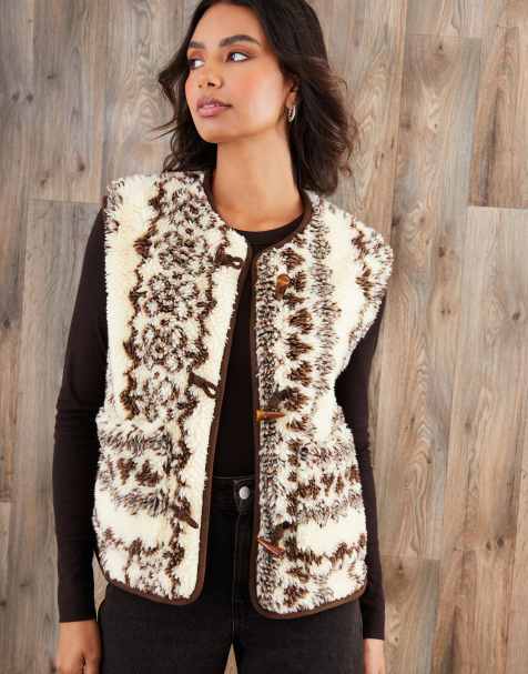 Threadbare Printed fleece borg gilet in cream - view 1