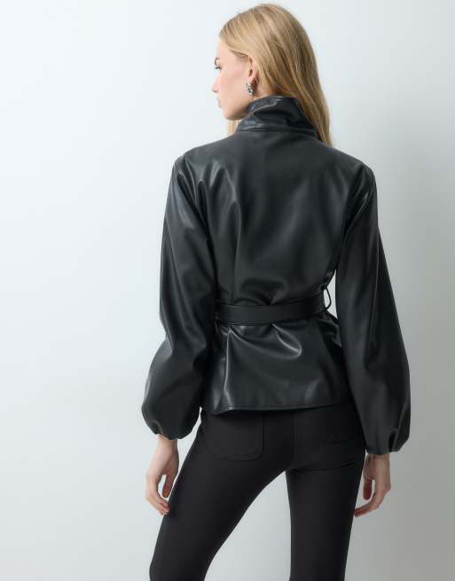 Threadbare PU-Jacke mit Trichterkragen, durchgehendem Reißverschluss und Gürtel in Schwarz, 3 von 5