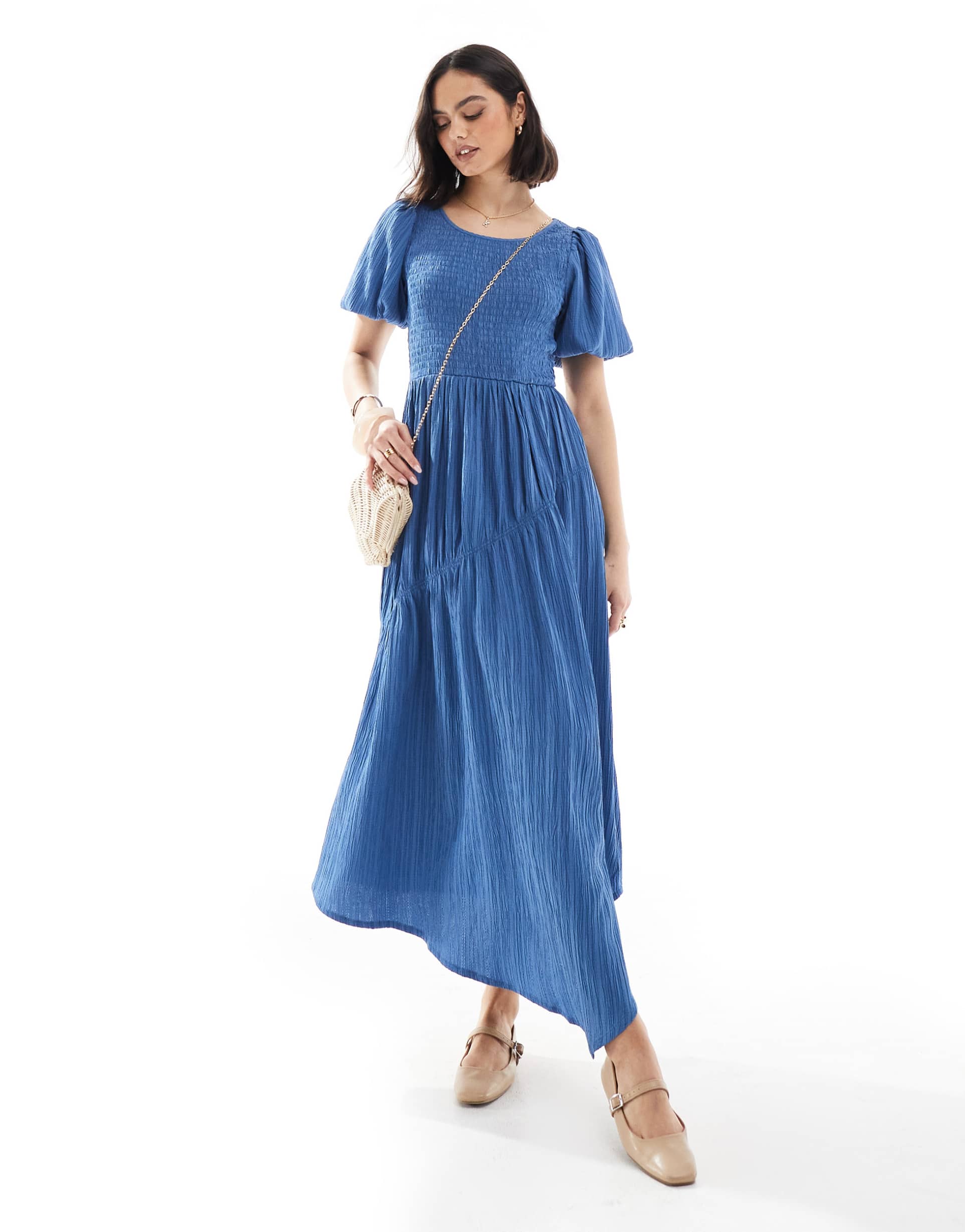 threadbare puff sleeve midi dress in blue