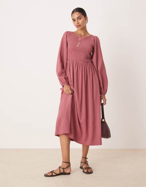 Threadbare puff sleeve midi dress with shirring in pink - view 1