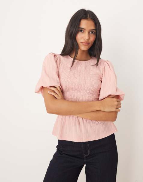 Threadbare puff sleeve textured top with shirring detail in pink - view 1