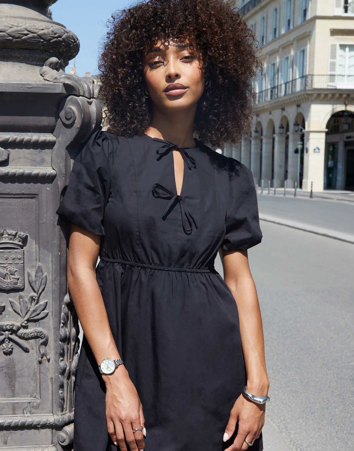 Threadbare Puff sleeve tie front smock mini dress in black