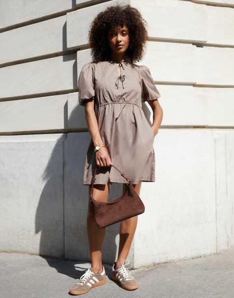 Threadbare Puff sleeve tie front smock mini dress in taupe - view 1