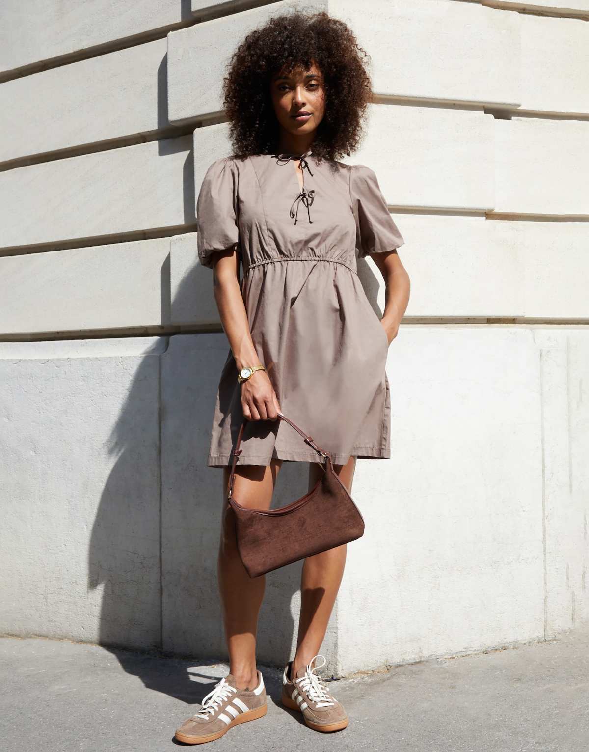 Threadbare Puff sleeve tie front smock mini dress in taupe