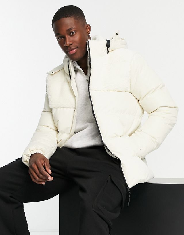 Threadbare puffer jacket with detachable hood in ecru