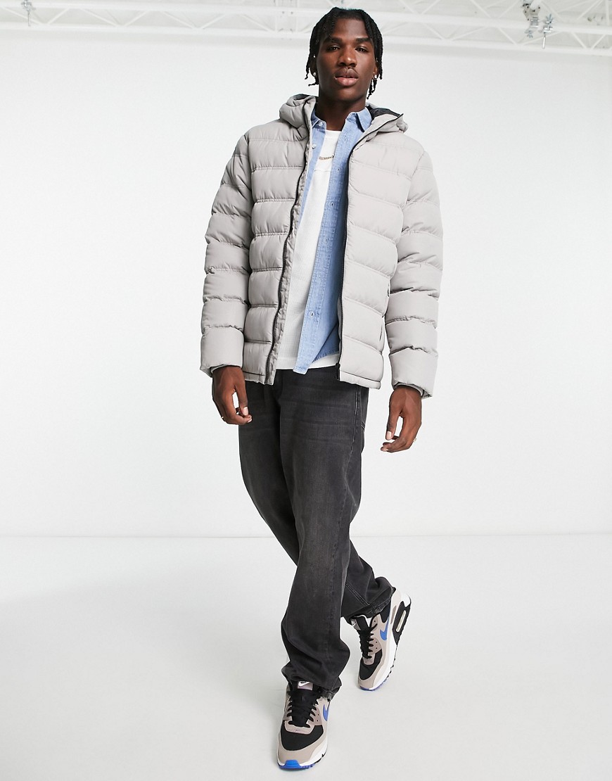 Threadbare Puffer Jacket With Hood In Silver Gray