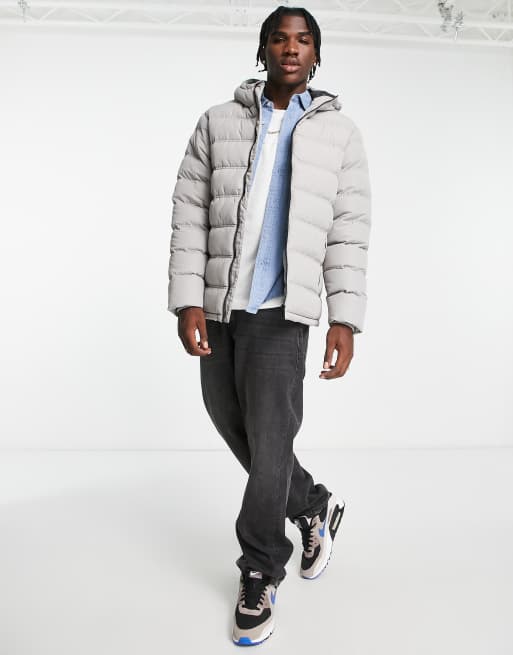 Silver puffer jacket outlet with hood