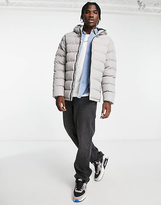 Threadbare puffer jacket with hood in silver grey | ASOS