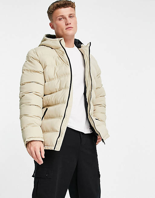 Threadbare puffer jacket with hood in stone | ASOS