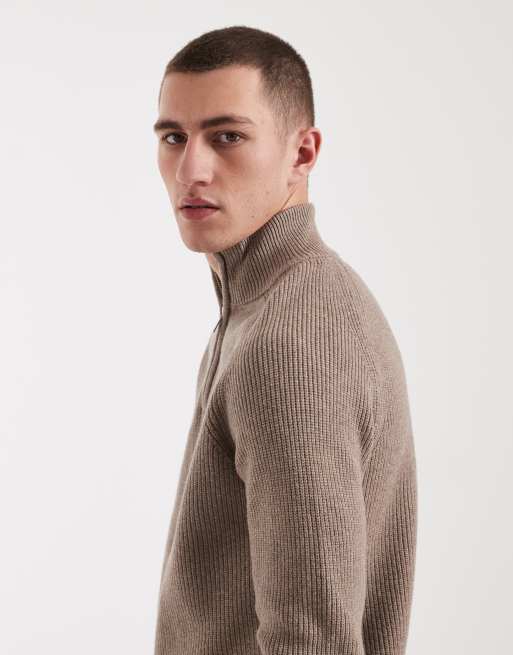Threadbare - Pull côtelé en coton mélangé à col zippé - Taupe, 4 de 5