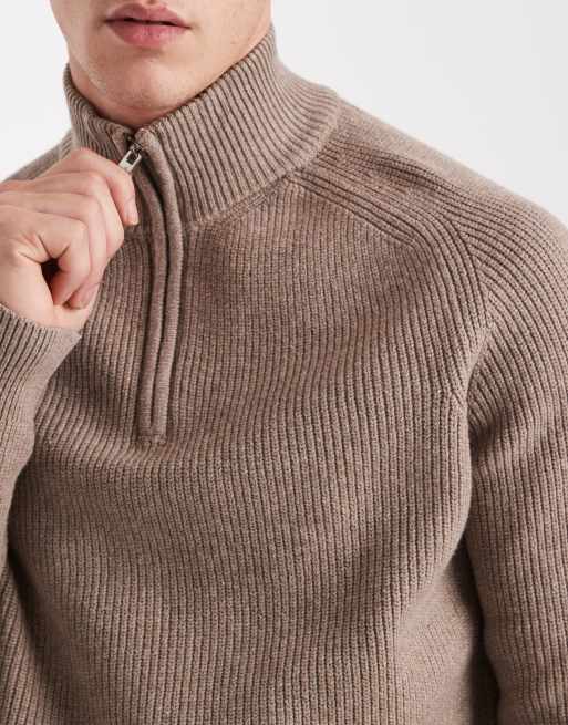 Threadbare - Pull côtelé en coton mélangé à col zippé - Taupe, 5 de 5