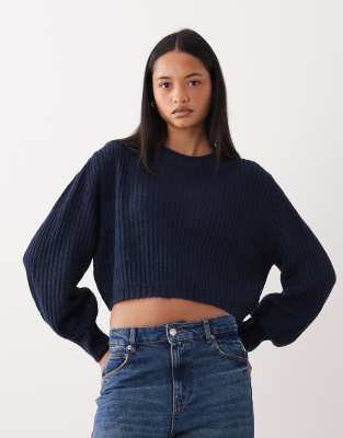 Pull court ras de cou en maille côtelée - Bleu marine 36