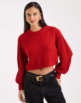 Pull court ras de cou en maille côtelée - Rouge 38