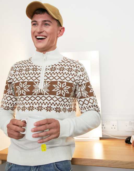 Threadbare - Pull de Noël à col zippé en maille jacquard - Écru