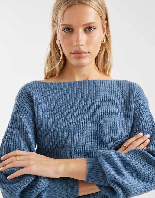 Threadbare - Pull en maille à col bateau et manches ballon - Bleu, 2 de 4