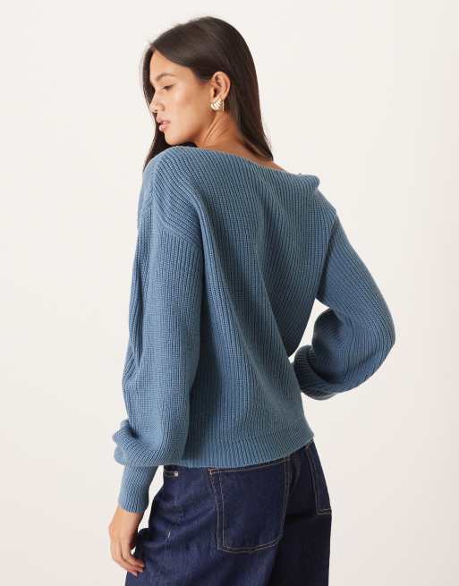 Threadbare - Pull en maille à col bateau et manches ballon - Bleu, 4 de 4