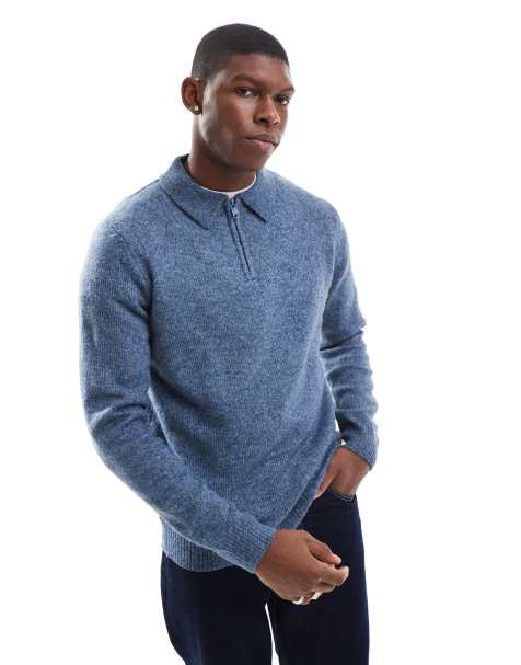 Threadbare - Pull en maille à col polo zippé - Bleu - view 1