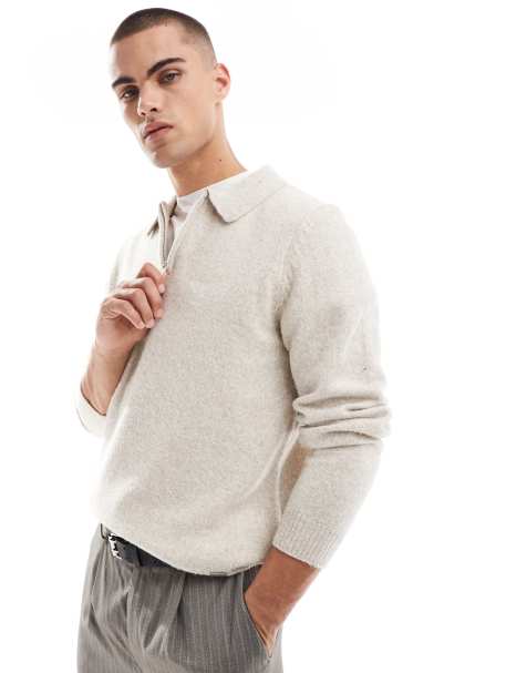 Threadbare - Pull en maille à col polo zippé - Écru chiné - view 1