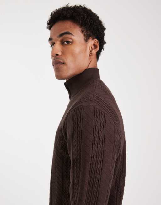 Threadbare - Pull en maille torsadée à col zippé - Marron chocolat, 4 de 5
