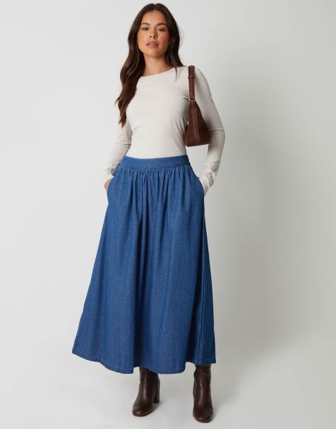 Threadbare Pull on denim midaxi skirt in mid blue