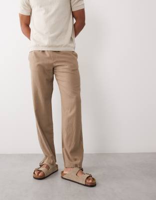 Threadbare Pull On Linen Look Straight Fit Pants In Brown