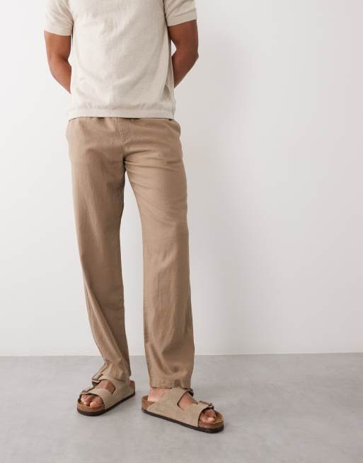 Threadbare pull on linen look straight fit trousers in taupe, 2 of 5