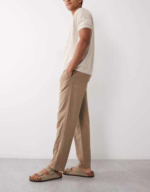 Threadbare pull on linen look straight fit trousers in taupe, 3 of 5