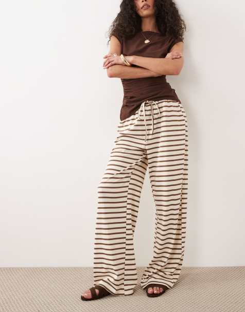 Threadbare pull on wide leg pants in ecru and brown stripes - view 1