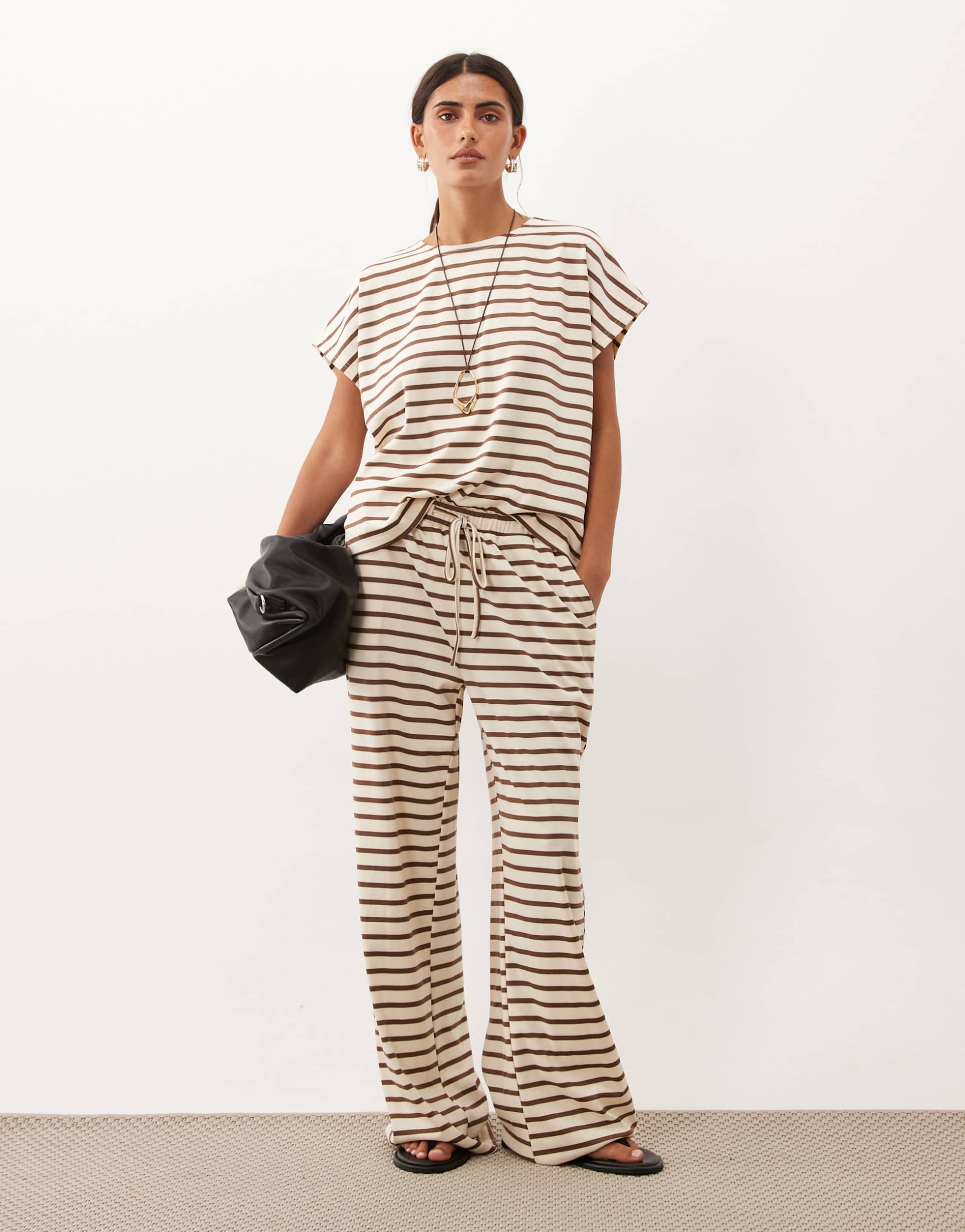 threadbare pull on wide leg pants in ecru and brown stripes