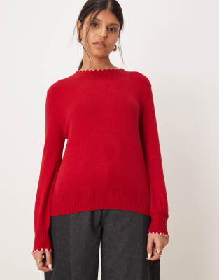 Threadbare - Pull ras de cou en maille avec encolure contrastante - Rouge