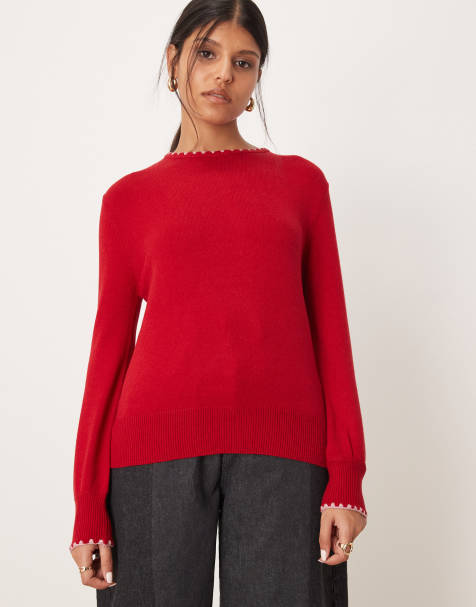 Threadbare - Pull ras de cou en maille avec encolure contrastante - Rouge - view 1